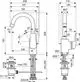 Ein Diagramm einer Armatur von Ideal Standard mit hoch gebogenem Auslauf und seitlichem Bedienhebel. Es zeigt Maße und Montagehinweise für die Installation.